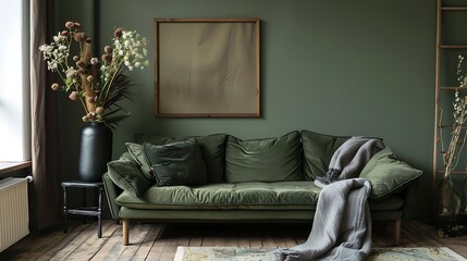 Modern Interior of Stylish Living Room ,Wall Mock Up, Frame , Poster with Beautiful Background, 3d render