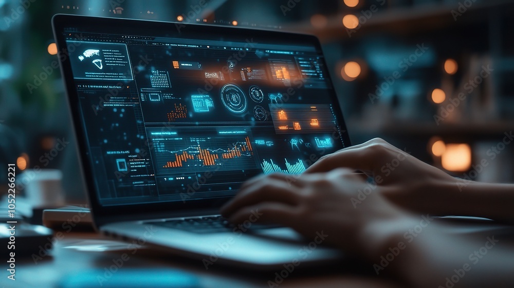 Poster hands typing on a laptop with data visualizations
