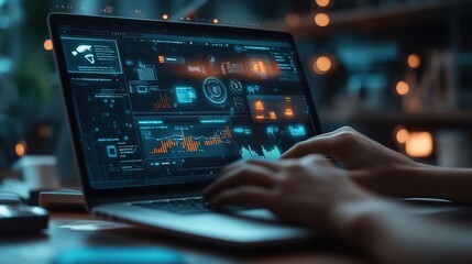 Obraz premium Hands Typing on a Laptop with Data Visualizations