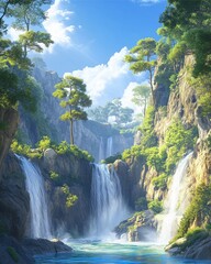 Fototapeta premium waterfall in Canyon realistic photo, sunlit canyon with tall trees on the cliffs, waterfall creating a lively, shimmering effect, capturing the movement of water with lush greenery around the pool .