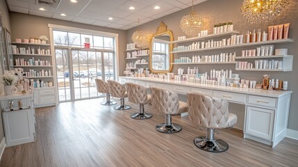 Obraz premium A modern beauty salon with white furniture, gold accents, and a large window overlooking a parking lot.