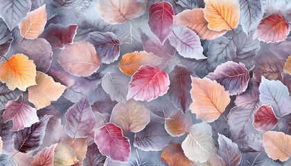 A winter illustration of colorful frozen leaves