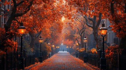 London street lined with autumn trees and classic black lampposts: A charming London street lined with trees in vibrant shades of orange and red, with classic black lampposts and o © Andrii