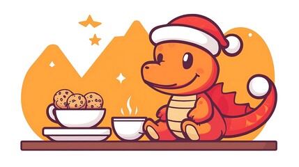 Cute Pudgy Dragon in Santa Costume Enjoying Cookies