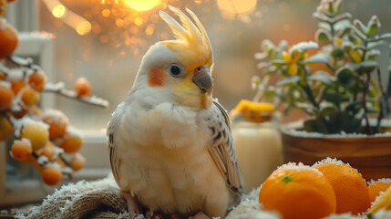 A cheerful cockatiel enjoying a piece of fruit in a cozy, rustic-style room, with warm studio lighting
