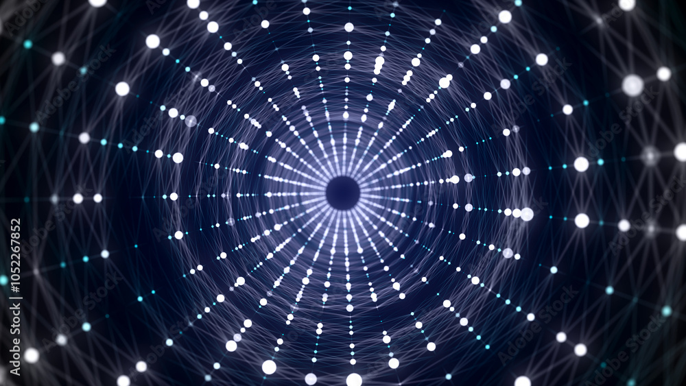 Poster Abstract 3d portal. Circle tunnel or wormhole. Digital background with connected blue dots and lines. 3D rendering.