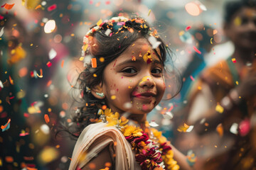 close up horizontal portrait image of a young indian girl smiling during the religious celebration of the diwali festival