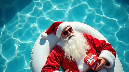 Santa's Summer Surprise!  Relaxing poolside with a gift, in shades.  Unexpected Christmas cheer!