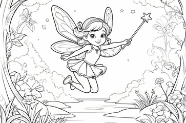 cartoon coloring page of a fairy flying holding wand - illustration for children coloring book page