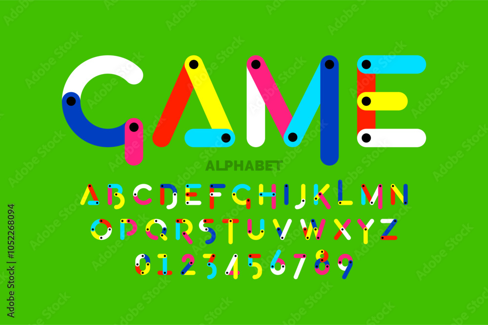 Poster constructor game. colorful font, alphabet letters and numbers vector illustration