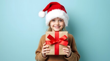 Joyful child in Santa hat holds a Christmas gift. A heartwarming holiday image filled with festive cheer and excitement!