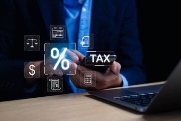 concept of financial or income management is filing taxes online.businessman will calculate to show income or expenses statement, fill out personal income tax form to government with virtual screen