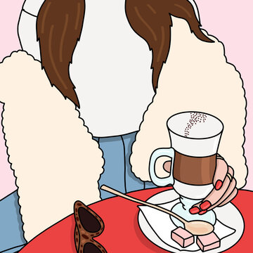 Woman in Cozy Winter Outfit Holding Coffee at Caf&eacute; 