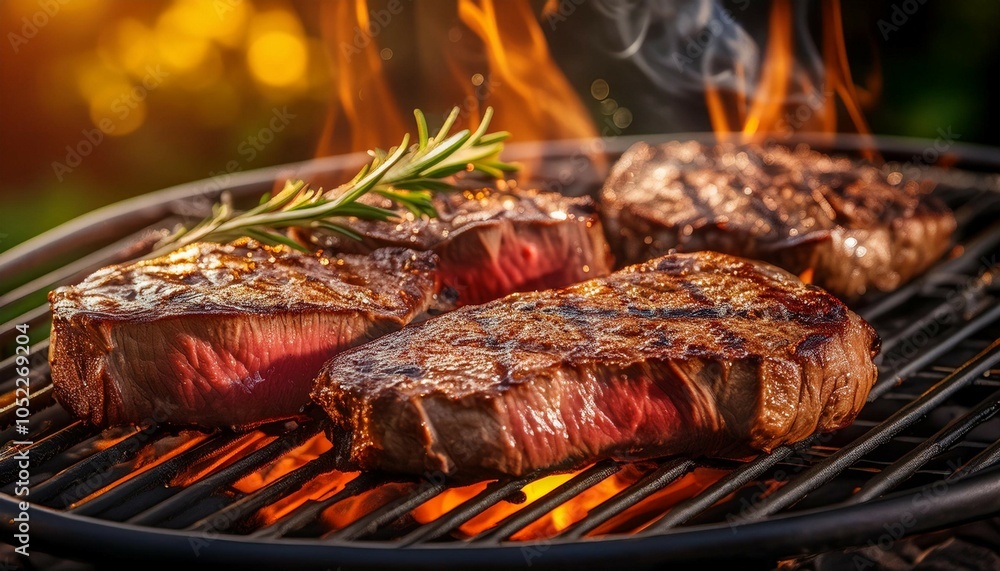 Wall mural juicy grilled beef steaks sizzling on outdoor grill with fire