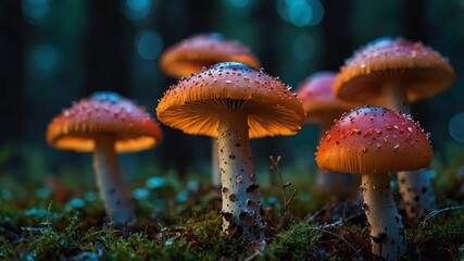 Fototapeta premium Vibrant orange mushrooms illuminated in a dense forest at dusk, showcasing nature's beauty and intricate details