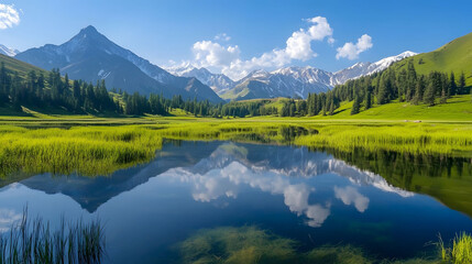 Obraz premium Crystal-clear lake mirroring snow-capped mountains under a vibrant autumn sky