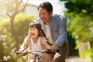 Obraz premium photo of an Asian father helps young daughter ride a bicycle.