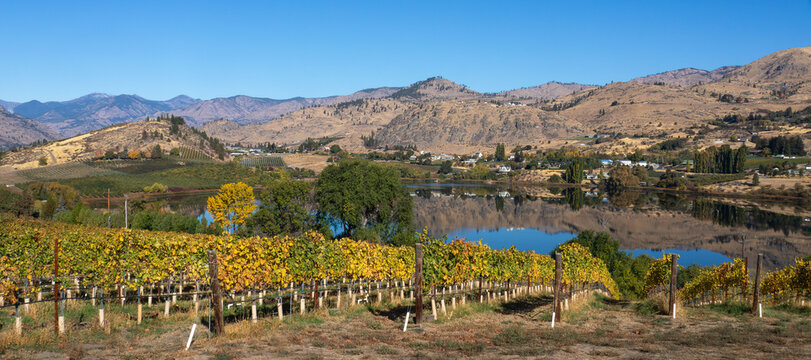 Fall colors of vines and trees and the reflective beauty of Roses Lake near Manson Washington set a beautiful calming scene.