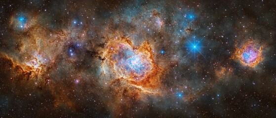 Obraz premium Ultra HD deep space background with colorful nebulae, stars, and cosmic formations. High detail with rich hues and volumetric lighting for celestial displays and astrophotography.