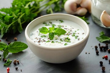 Freshly made yogurt dip garnished with herbs on a dark table, perfect for enhancing meals or serving at gatherings. Generative AI