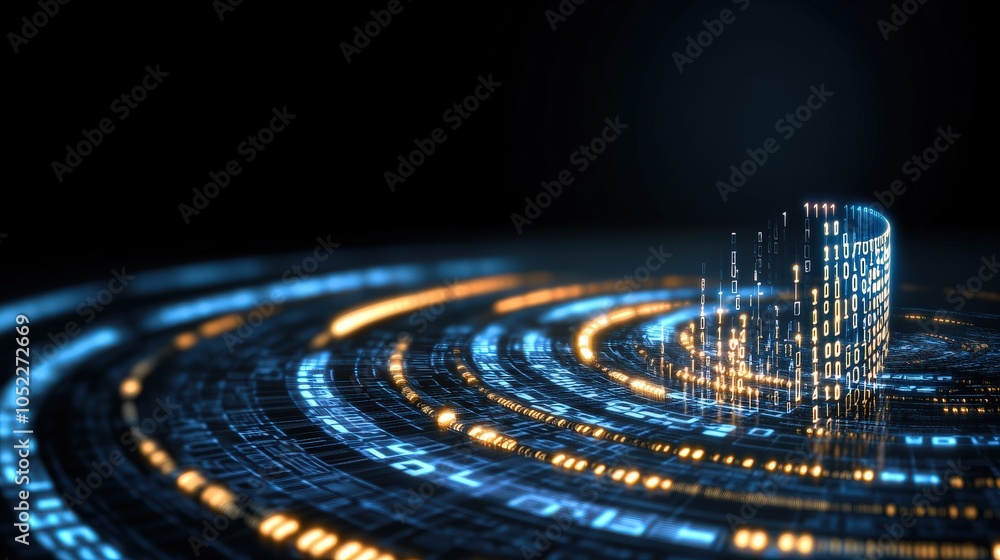 Poster futuristic digital cityscape with binary code and neon lights