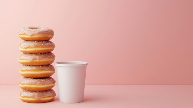 3D rendering of a stack of donuts with coffee glaze, placed beside a cup of coffee, warm soft light, Coffee-glazed donut stack, Perfect coffee pairing
