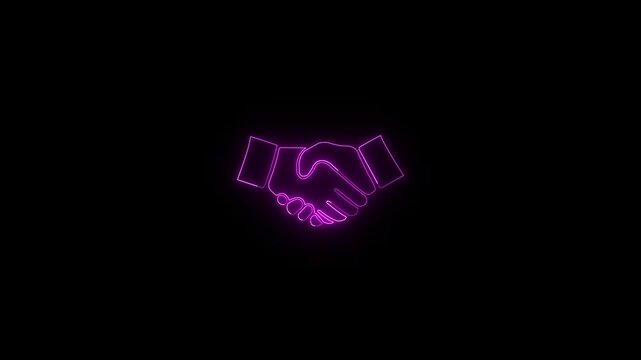 purple color friendship icon Neon Handshake symbol concept. Abstract digital handshake on black background. 