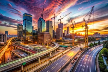 Obraz premium 4K Cityscape Timelapse of Construction Site with Cranes and Busy Highway