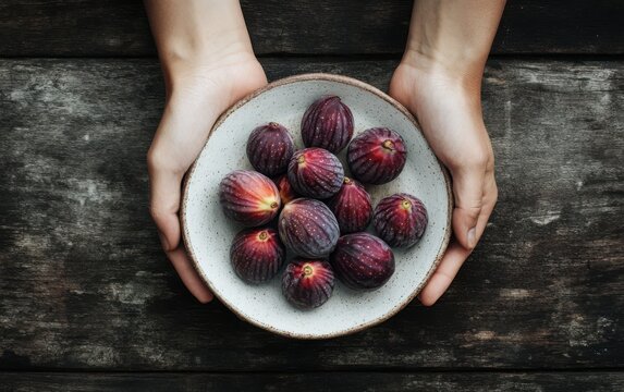 A close-up, top-down view photograph of hands presenting a plate filled with luscious figs, set against a rustic wooden table. 