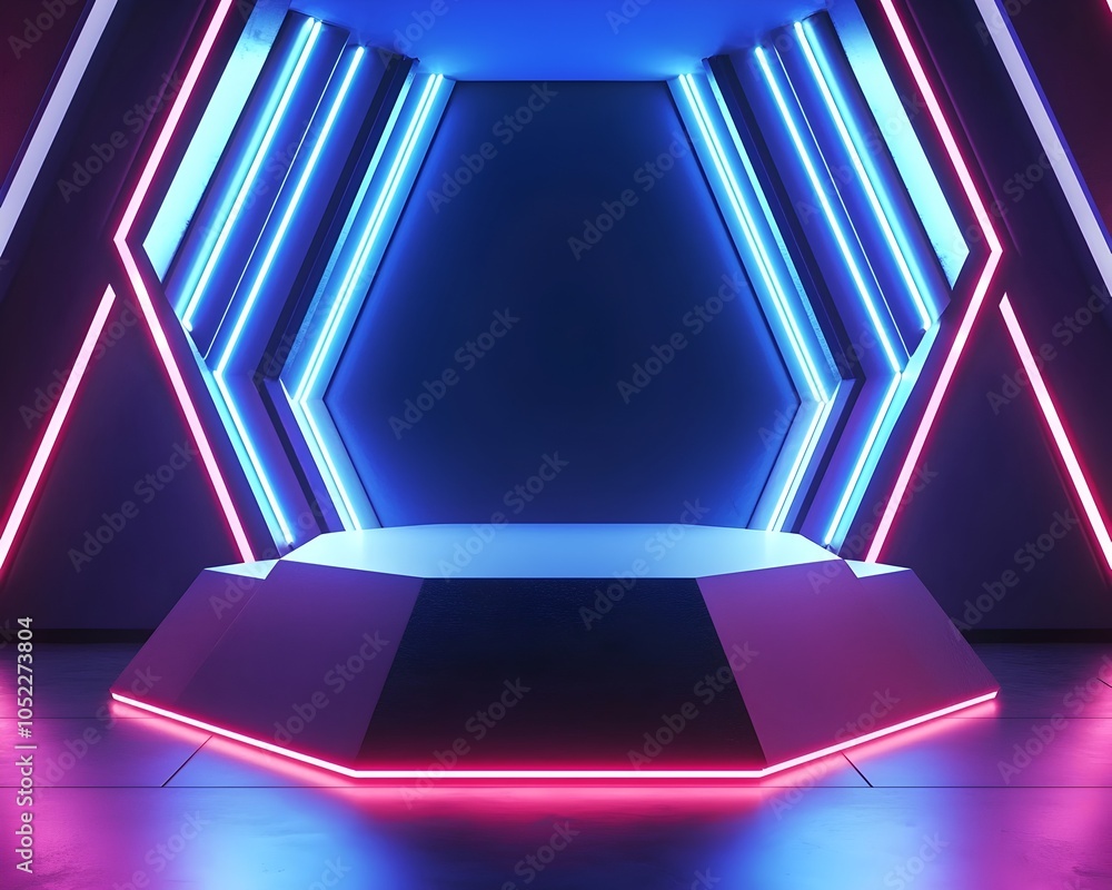 Poster futuristic hexagonal podium in neon lit room with glowing geometric patterns for tech product displa