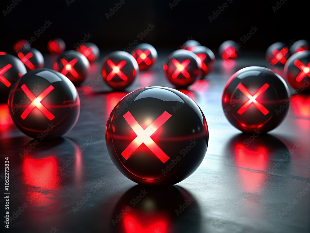 Aufkleber abstract 3d rendering of glowing red x marked spheres in low light setting for modern digital art