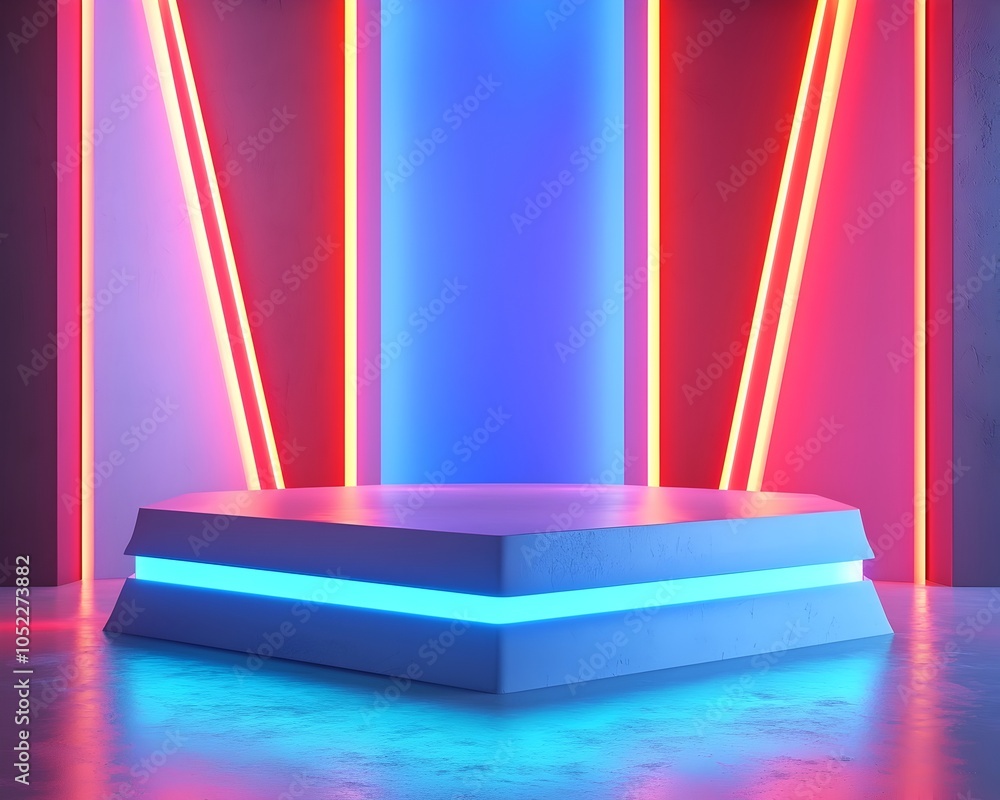 Poster futuristic hexagonal podium in neon lit room with glowing geometric patterns for tech product displa