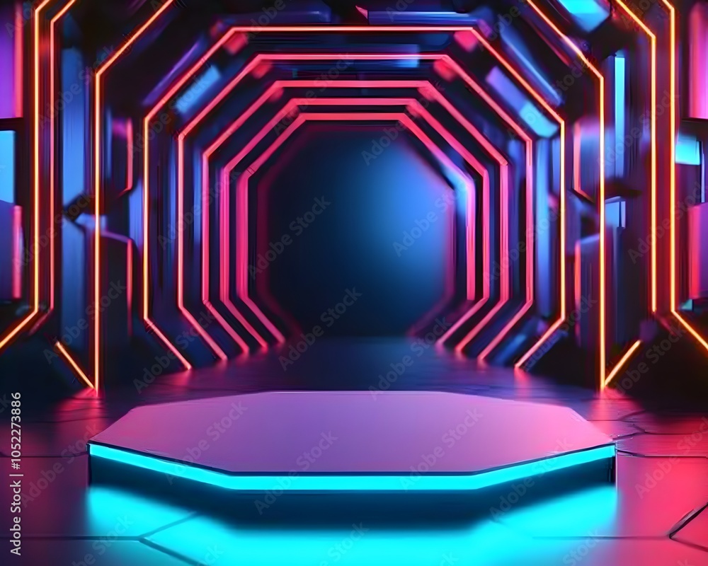 Poster futuristic hexagonal podium in neon lit room with glowing geometric patterns ideal for tech product 