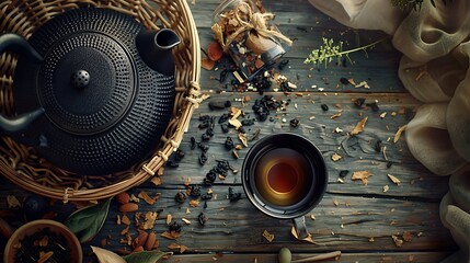 A Hot Cup Of Brown Tea On Wooden Table With Nature Plantation , Leaf , Green Tea , Beautiful Background