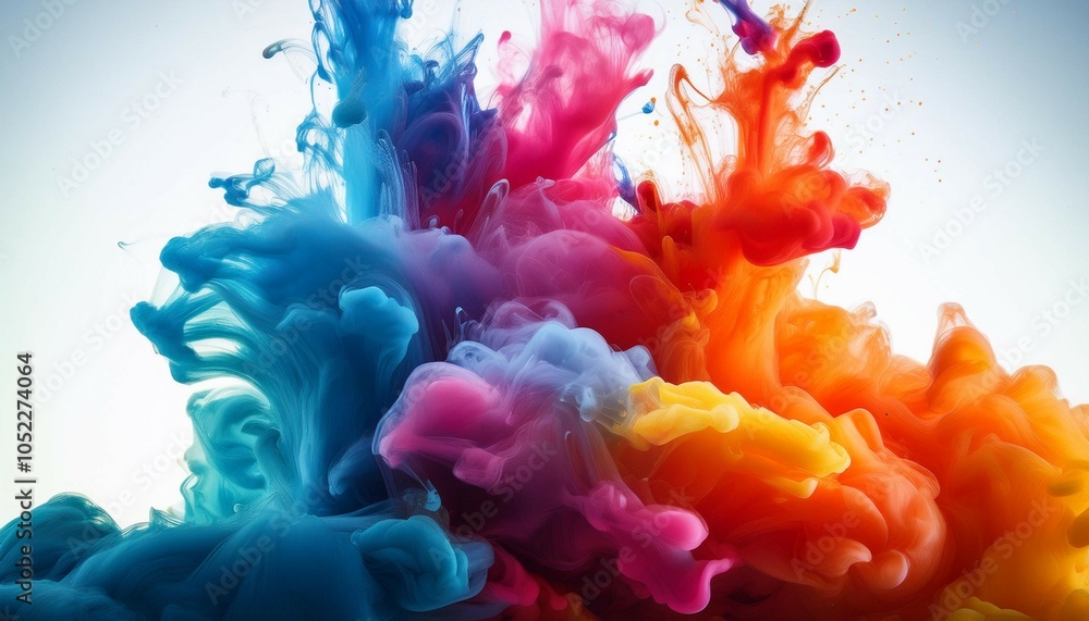 Poster vibrant ink clouds burst and blend underwater forming a captivating array of colors that create an e