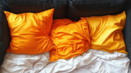 orange pillows on a messy white bed, wallpaper, backgrounds
