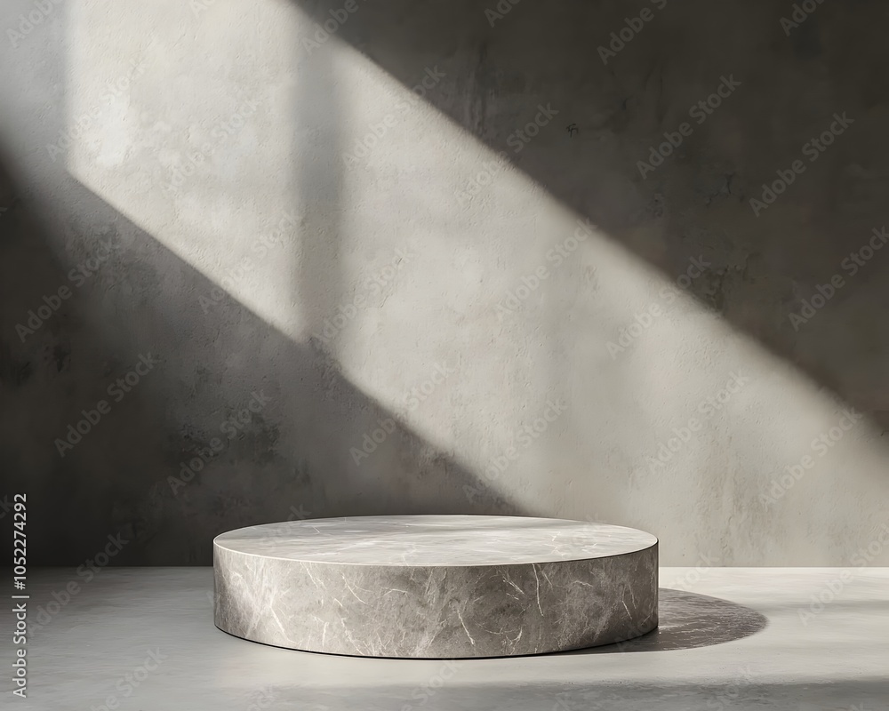 Aufkleber minimalist stone podium in architectural space with soft lighting and shadow play for high end produ