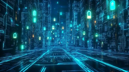 Obraz premium Blue colored holographic data stream in a digital city of data.