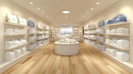 A modern, minimalist retail store interior with white shelves and wooden floors, displaying various bedding and towels.