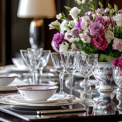 Fototapeta premium Meticulously Set Formal Dining Table with Crystal Glassware and Fresh Flowers Centerpiece