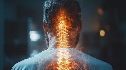 Medical image of the man with back pain, white shirt on gray background, and x-ray of the spine in glowing color for pain relief from neck to, close up.