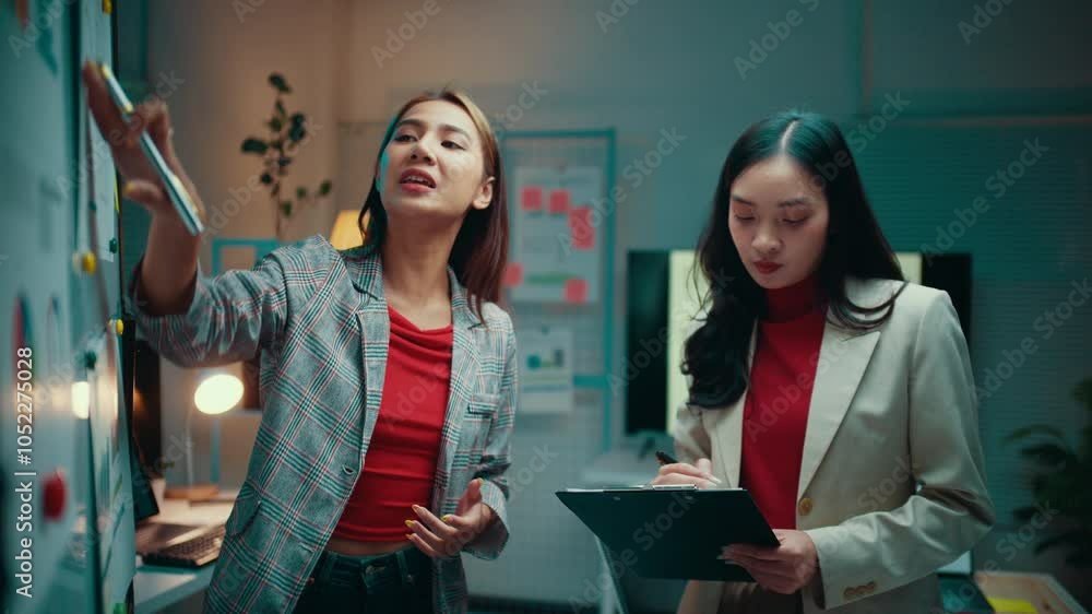 Poster two businesswomen engage in a work discussion, with one pointing at a strategy board while the other