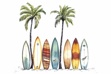 Surfboards Arranged on a Beach Under Palm Trees