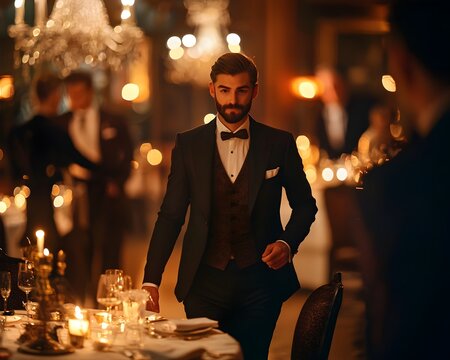 Matre d  Escorting Guests to a Candlelit Elegant Dining Experience