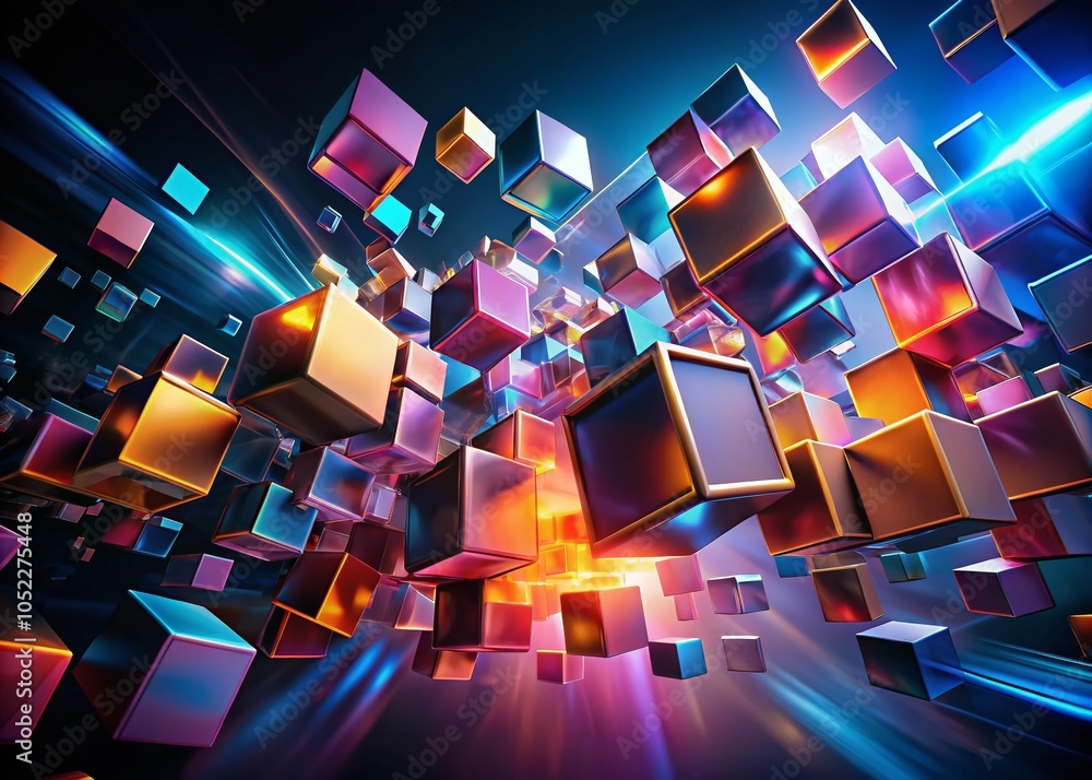 Poster abstract chaotic cubes in long exposure - dynamic shapes in motion for modern art enthusiasts