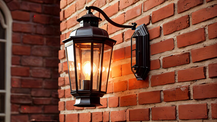 Elegant Wall Lamp of Classic Design on a Red Brick Wall: Warm Yellow Light to Create a Cozy Atmosphere and Sophisticated Hospitality, Highlighted by Delicate Shadows and Reflections on the Facade