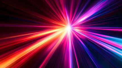 Obraz premium A vibrant night scene featuring a glowing car racing down a colorful road, with abstract patterns and flashes of light creating a dynamic sense of speed and motion