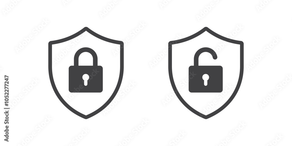 Aufkleber Lock and Unlock symbol. The padlock in shield shows protect and unprotected status. Cybersecurity and data protection technology. Icon element for app and web. Vector illustration.