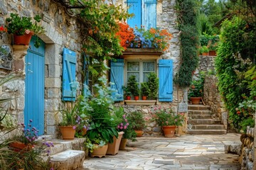 Fototapeta premium Charming rustic courtyard with blue shutters and vibrant flowers located in a picturesque village under a clear blue sky