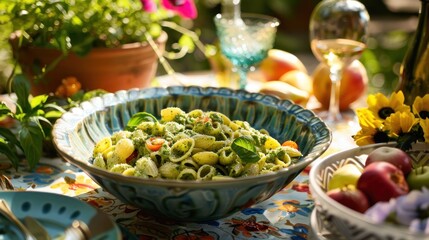 Delicious green Genovese Pesto Pasta served with vegetables on top.